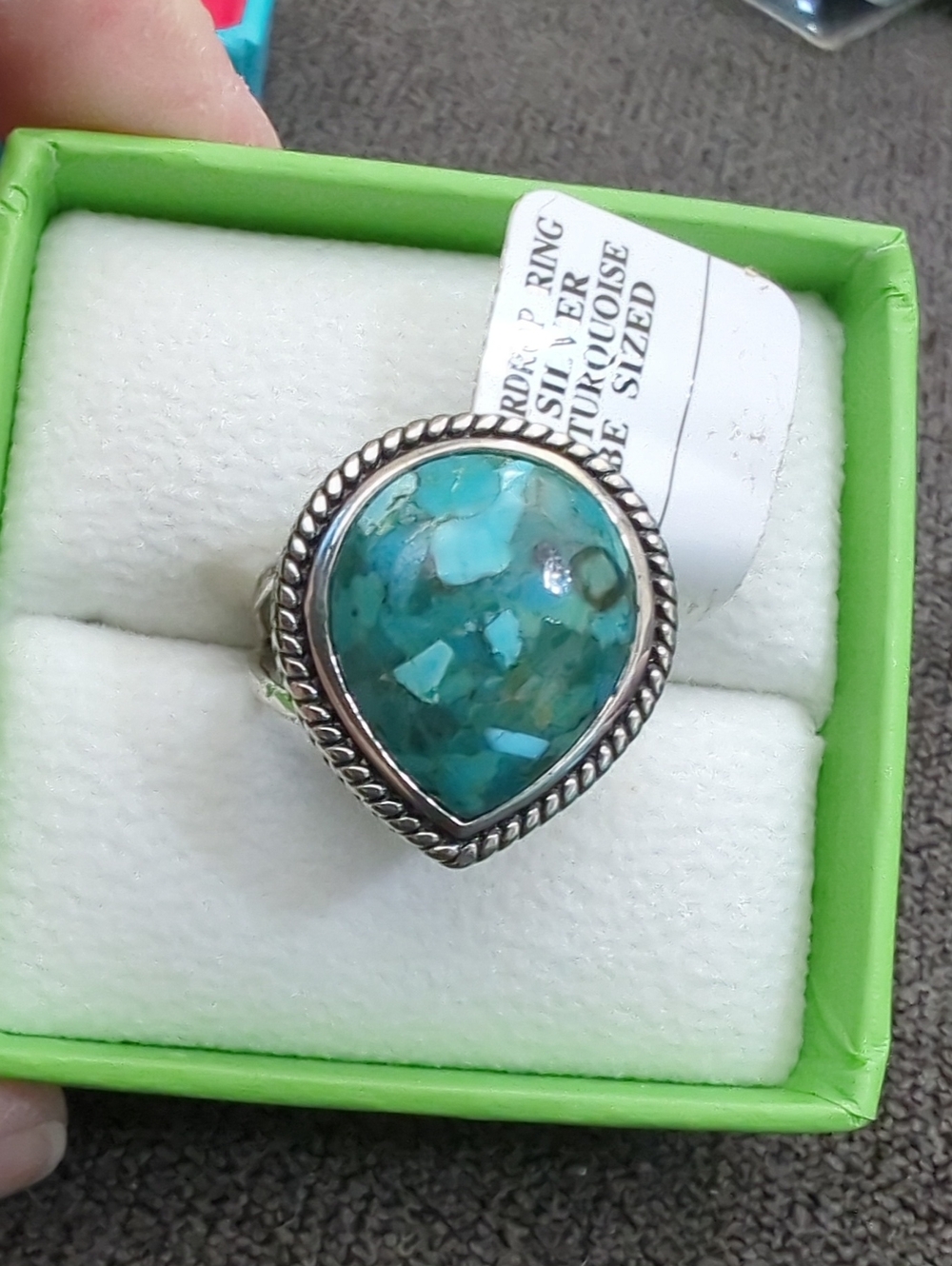 Sterling Silver Teardrop Enhanced Turquoise Statement Ring - Blue-Green